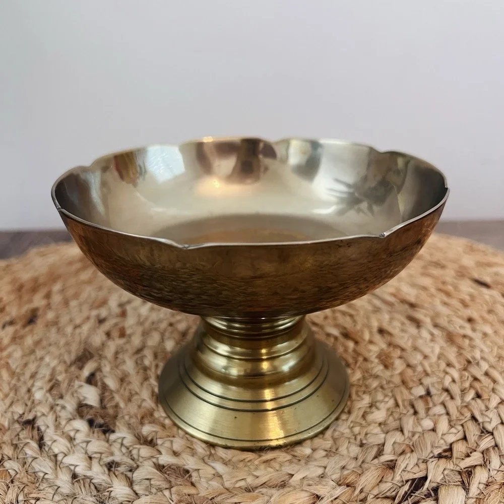 Solid Brass Pedestal Bowl Compote – Wide Shallow Dish on Turned Base 5 3/8
